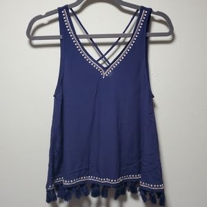 NWT Sugar + Lips Blue Tank Size Medium Fringe Boho Summer Casual Hippie